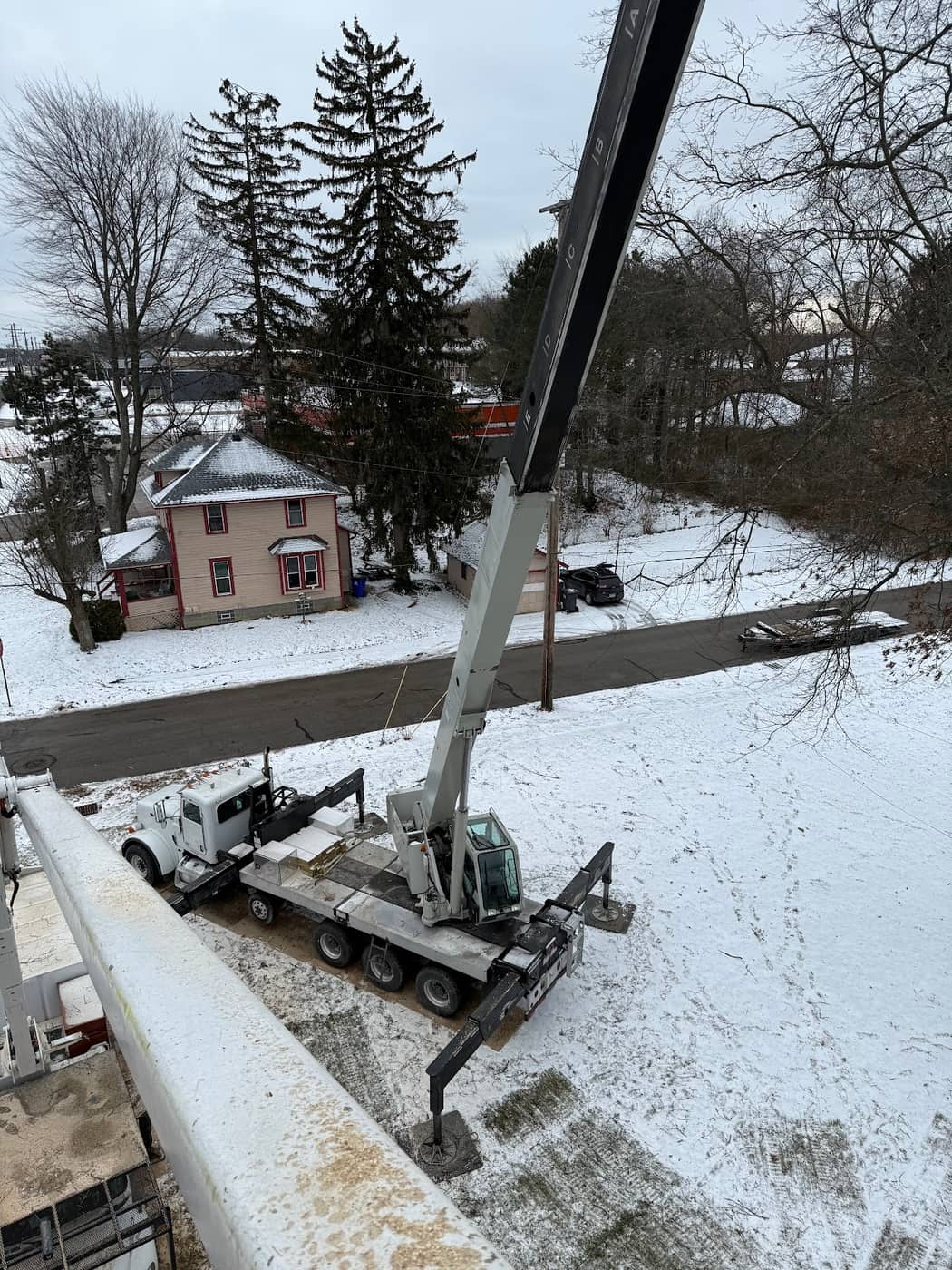Aerial view of a Canal Crane rig deployed across a Northeast Ohio job site